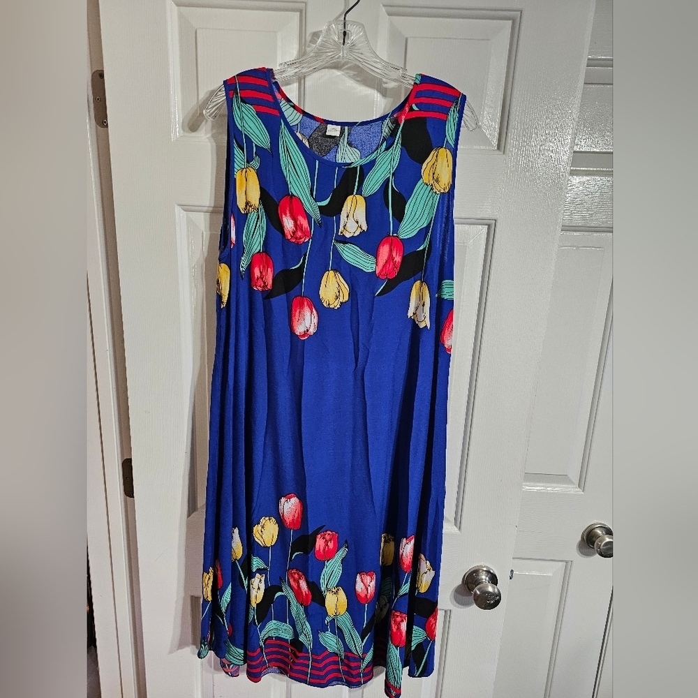 Vintage Women’s M/L Sleeveless Dress Blue Cotton Tulip Floral Retro Boho Resort - Picture 2 of 6